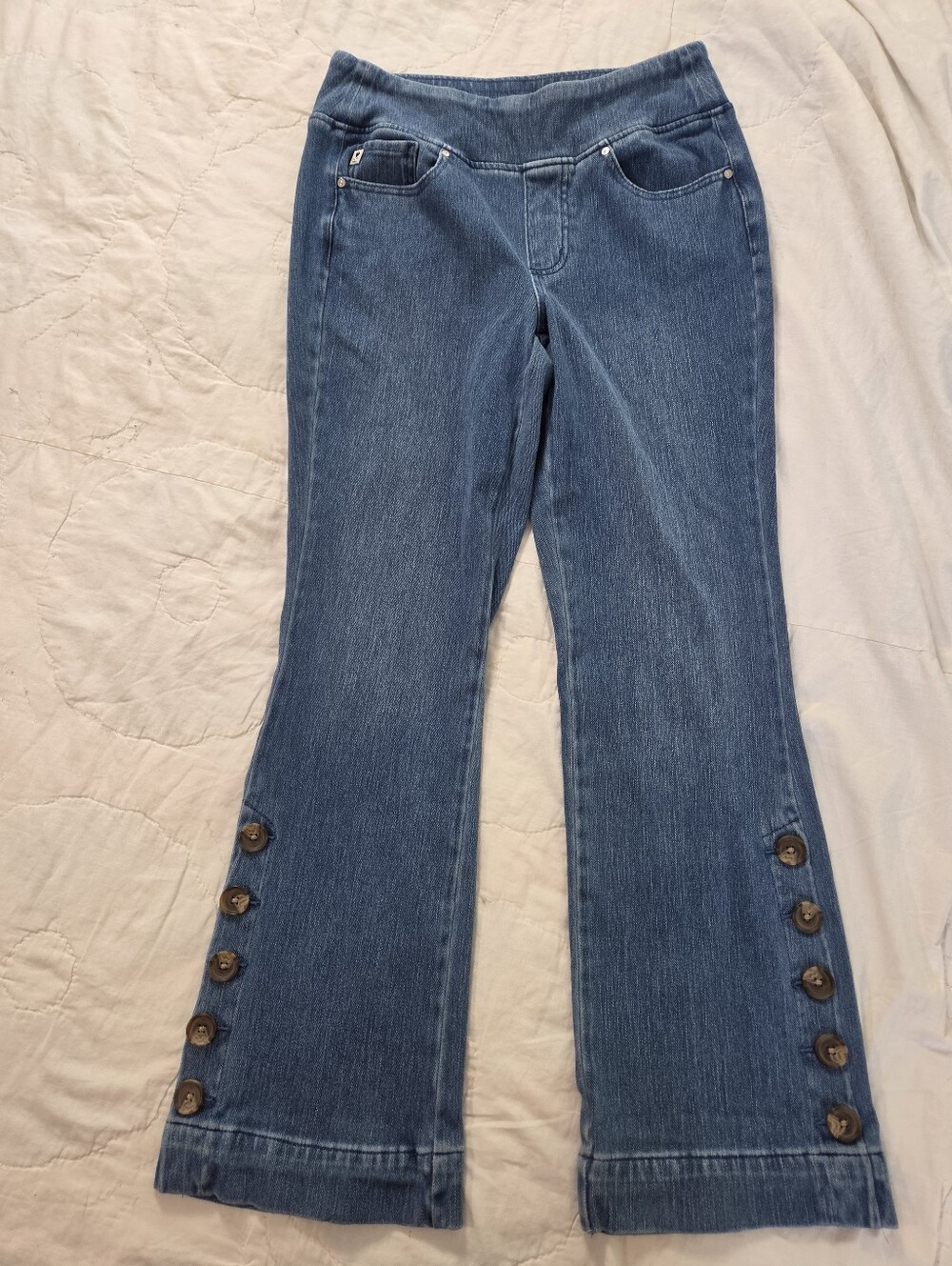 Womens Bootcut Stretch Pull On Faux Button Accent Jeans 70's Mature Comfort